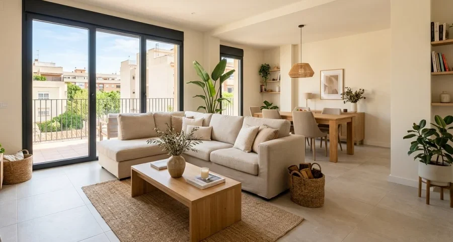 Salón de una vivienda de Valencia con sofá rinconera y muebles de madera