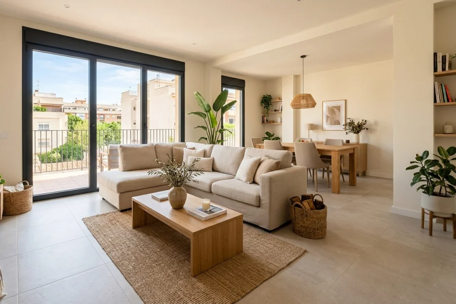 Salón de una vivienda de Valencia con sofá rinconera y muebles de madera