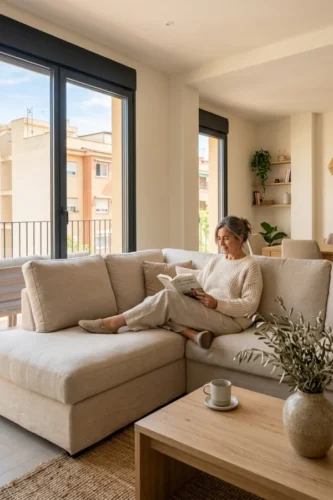 Persona leyendo en un sofá de una vivienda de Valencia