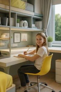 Niña de 12 años haciendo su tarea en habitación juvenil de MOBLES GUILLÉN