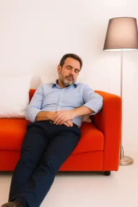 Padre de familia descansando unos minutos en su sofá del salón pequeño de casa