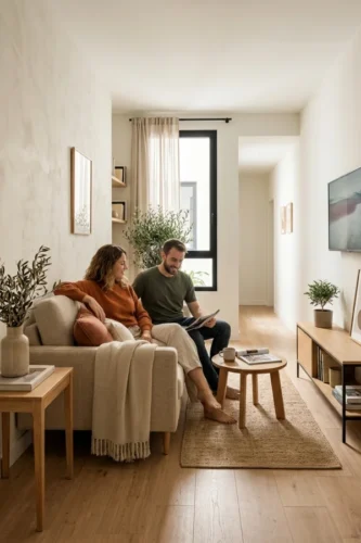 Salón pequeño español con sofá compacto y distribución funcional