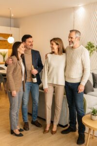 Matrimonio recibiendo en el salón comedor de su casa a una pareja de amigos para cenar juntos