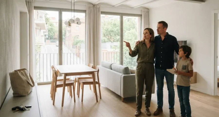 Familia valorando cómo amueblar las distintas estancias de su vivienda
