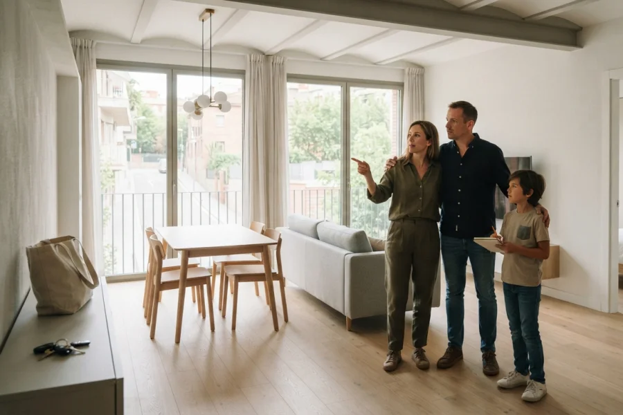 Familia valorando cómo amueblar las distintas estancias de su vivienda