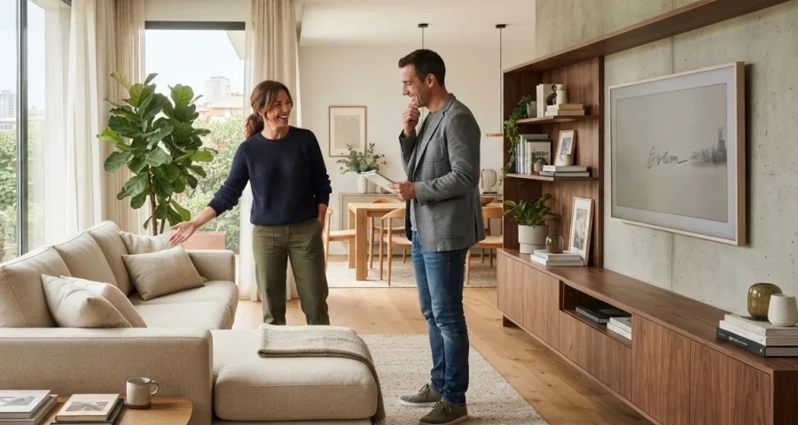 Pareja valorando la combinación del sofá y el mueble de TV en su salón