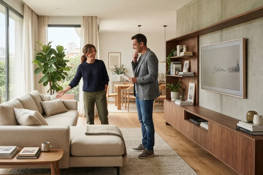 Pareja valorando la combinación del sofá y el mueble de TV en su salón