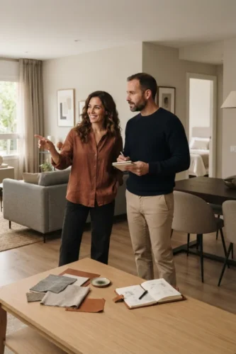 Pareja valorando cómo coordinar los muebles de salón, comedor y dormitorio