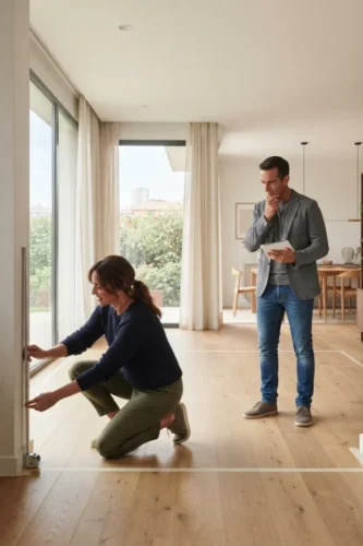 Pareja midiendo el espacio del salón antes de colocar el sofá y el mueble de TV