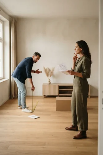 Pareja midiendo y planificando la distribución de los muebles de su salón