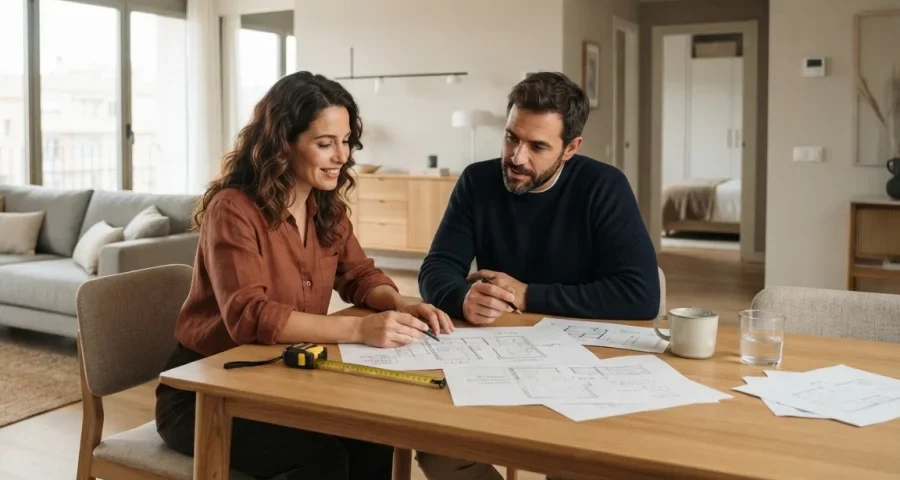 Pareja planificando la compra de muebles para diferentes estancias de su vivienda