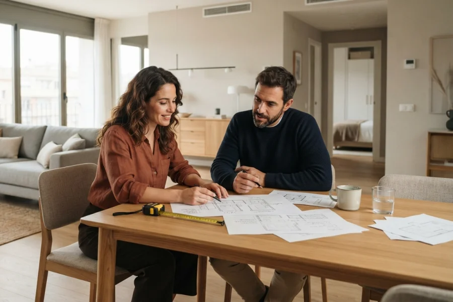Pareja planificando la compra de muebles para diferentes estancias de su vivienda