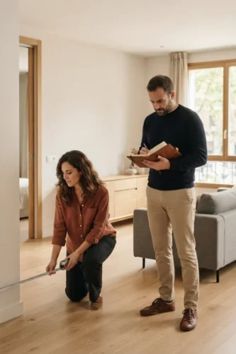 Pareja midiendo y planificando el espacio antes de comprar muebles