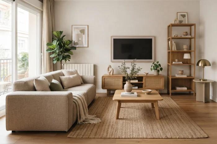 Salón completo con sofá, mueble TV, mesa de centro y muebles auxiliares
