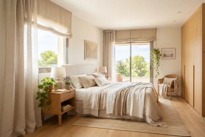 Dormitorio de matrimonio con cama, armario y cómoda.