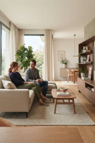 Pareja disfrutando de un salón con sofá y mueble de TV bien distribuidos