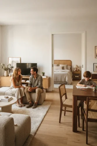 Familia disfrutando de una vivienda con salón, comedor y dormitorio coordinados