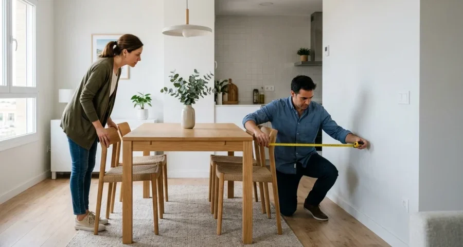 Pareja midiendo el espacio disponible alrededor de una mesa de comedor.