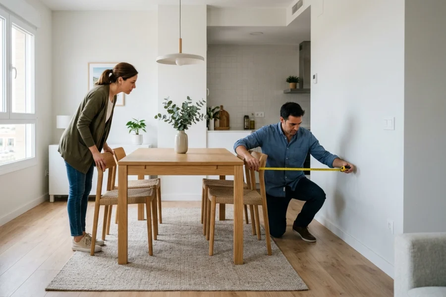 Pareja midiendo el espacio disponible alrededor de una mesa de comedor.