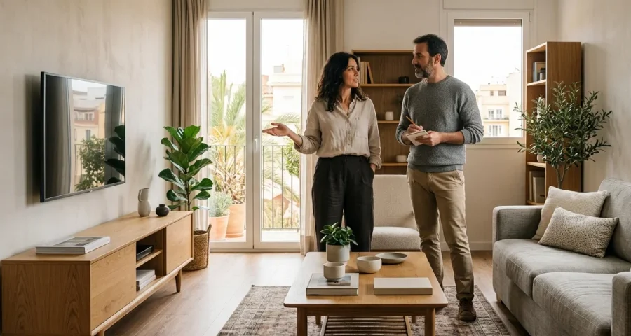 Pareja valorando qué muebles necesita para completar su salón.