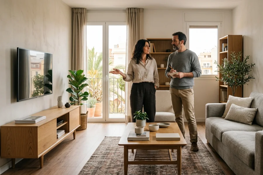 Pareja valorando qué muebles necesita para completar su salón.