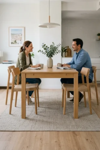 Mesa de comedor adaptada al espacio disponible con sillas y zonas de paso despejadas.