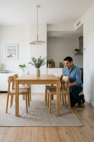 Distancia entre la mesa de comedor y la pared para retirar las sillas y sentarse cómodamente.