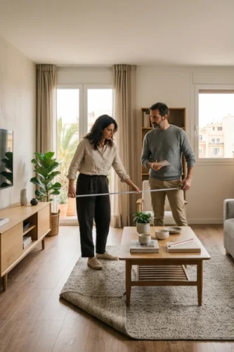 Pareja midiendo el espacio disponible para distribuir los muebles de su salón.