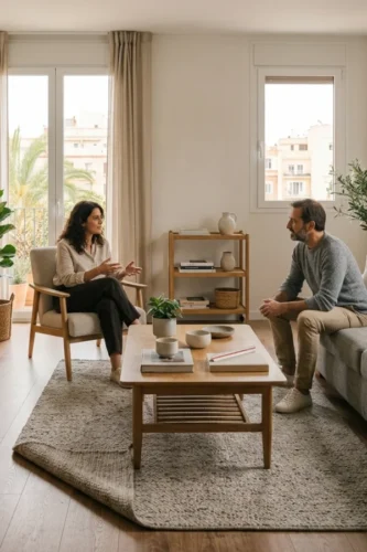 Salón con sofá, mueble de televisión y mesa de centro en una distribución equilibrada.